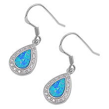 Load image into Gallery viewer, Sterling Silver Classy Blue Lab Opal Pearshape with Halo Clear Czs Earwire StyleAnd Face Heigth of 17MM