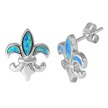 Load image into Gallery viewer, Sterling Silver Modish Fleur De Lis Inlaid with Blue Lab Opal Stud EarringAnd Face Height of 16MM