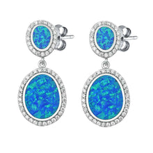 Load image into Gallery viewer, Sterling Silver Elegant Design Blue Lab Opal Oval Cut with Halo Clear Czs Dangle Stud EarringAnd Face Height of 36MM