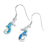 Sterling Silver Stylish Seahorse Inlaid with Blue Lab Opal Earwire StyleAnd Face Height of 21MM