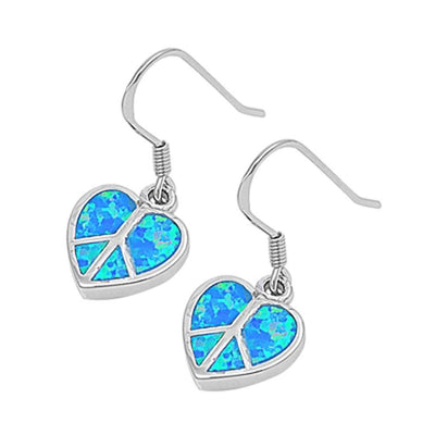 Sterling Silver Fancy Peace Sign Heart with Blue Lab Opal Inlaid Earwire StyleAnd Face Height of 15MM