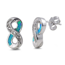 Load image into Gallery viewer, Sterling Silver Fancy Infinity Inlaid with Blue Lab Opal and Clear Cz Accent Stud EarringAnd Friction Back PostAnd Earring Height of 15MM