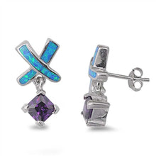 Load image into Gallery viewer, Sterling Silver Fancy Blue Lab Opal X Shaped with Dangle Princess Cut Amethyst Cz Stud EarringAnd Friction Back PostAnd Earring Height of 20MM