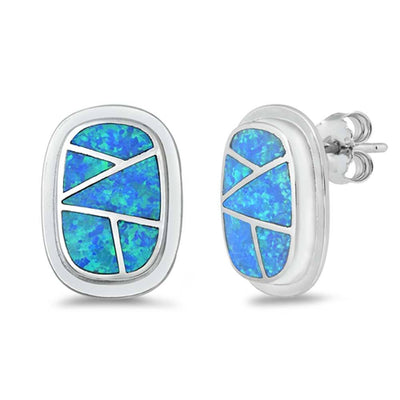 Sterling Silver Fancy Blue Lab Opal Oval Shaped Stud Earring with Friction Back PostAnd Earring Height of 18MM