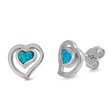 Load image into Gallery viewer, Sterling Silver Trendy Open Heart with Centered Blue Lab Opal Heart Stud EarringAnd Friction Back PostAnd Earring Height of 11MM