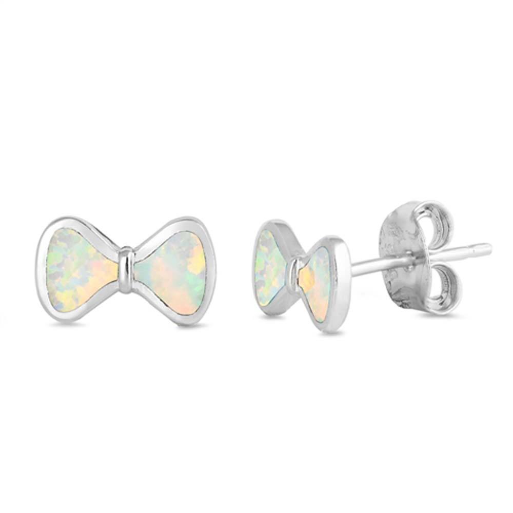 Sterling Silver Bow Shape With White Lab Opal EarringsAnd Earring Height 5mm