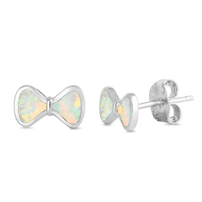 Sterling Silver Bow Shape With White Lab Opal EarringsAnd Earring Height 5mm