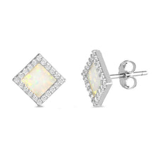 Load image into Gallery viewer, Sterling Silver Diamond Cut Shape With White Lab Opal Earrings With CZ StonesAnd Earring Height 14mm