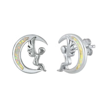 Load image into Gallery viewer, Sterling Silver White Lab Opal Moon and Angel Earrings