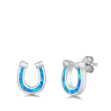 Load image into Gallery viewer, Sterling Silver Rhodim Plated Horse Shoe Blue Lab Opal Stud Earrings - silverdepot