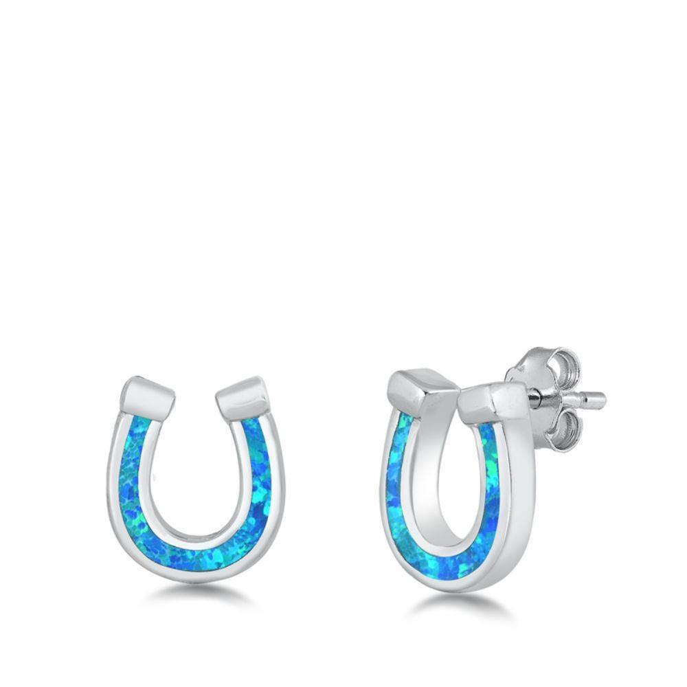 Sterling Silver Rhodim Plated Horse Shoe Blue Lab Opal Stud Earrings - silverdepot