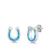 Sterling Silver Rhodium Plated Horseshoe Blue Lab Opal Stud Earrings