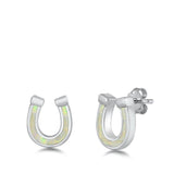 Sterling Silver Rhodium Plated Horseshoe White Lab Opal Stud Earrings