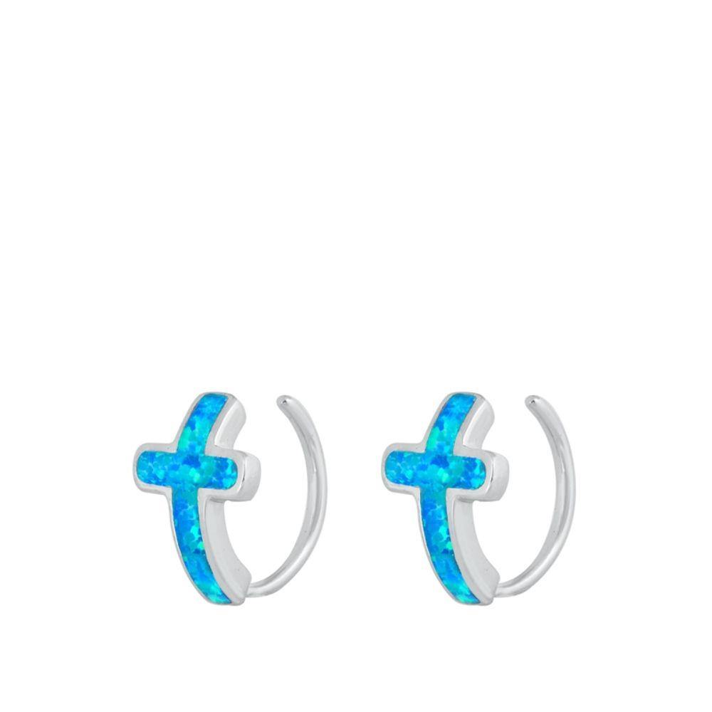 Sterling Silver Rhodim Plated Cross Blue Lab Opal Stud Earrings