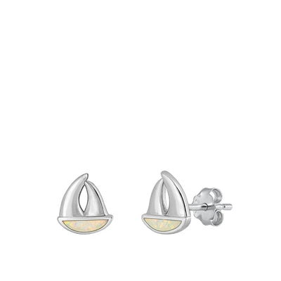 Sterling Silver Rhodium Plated Sail Boat White Lab Opal Earrings