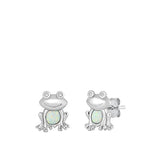 Sterling Silver Rhodium Plated Frog White Lab Opal Earrings-12.5mm