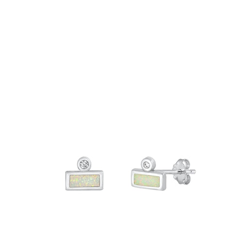 Sterling Silver Rhodium Plated Rectangle Clear CZ And White Lab Opal Earrings