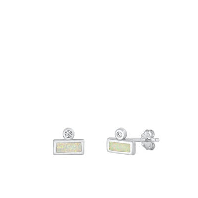 Sterling Silver Rhodium Plated Rectangle Clear CZ And White Lab Opal Earrings