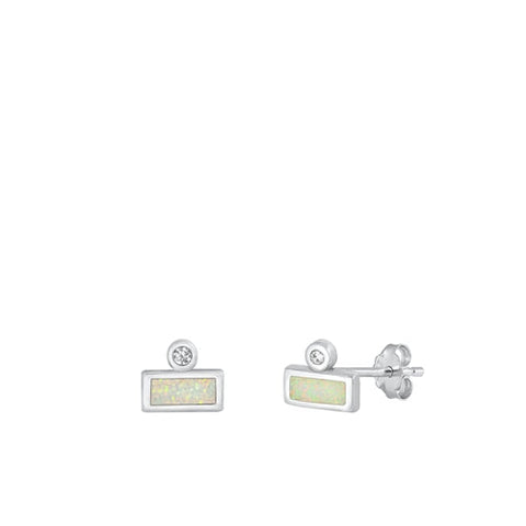 Sterling Silver Rhodium Plated Rectangle Clear CZ And White Lab Opal Earrings