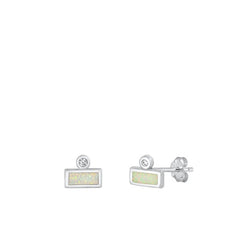 Sterling Silver Rhodium Plated Rectangle Clear CZ And White Lab Opal Earrings