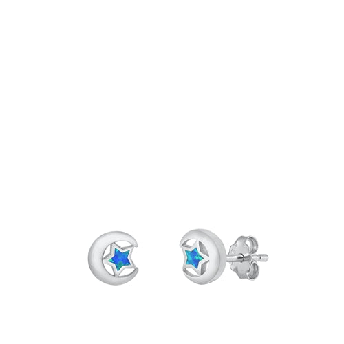 Sterling Silver Rhodium Plated Moon And Star Blue Lab Opal Earrings
