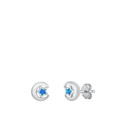 Sterling Silver Rhodium Plated Moon And Star Blue Lab Opal Earrings