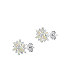 Load image into Gallery viewer, Sterling Silver Rhodium Plated Star Clear CZ And White Lab Opal Earrings