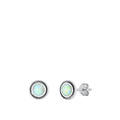 Sterling Silver Oxidized Round White Lab Opal Earrings Face Height-7mm