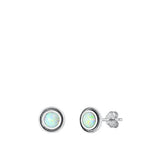 Sterling Silver Oxidized Round White Lab Opal Earrings Face Height-7mm