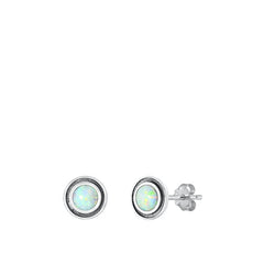 Sterling Silver Oxidized Round White Lab Opal Earrings Face Height-7mm