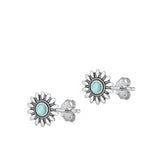 Sterling Silver Oxidized Flower Genuine Larimar Stone Earrings Face Height-8.6mm