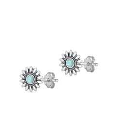 Sterling Silver Oxidized Flower Genuine Larimar Stone Earrings Face Height-8.6mm