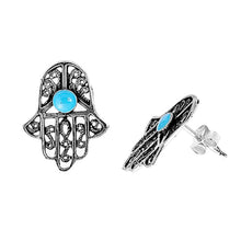Load image into Gallery viewer, Sterling Silver Hamsa Shaped With Blue Opal Plain EarringsAnd Earring Height 17 mm