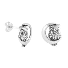 Load image into Gallery viewer, Sterling Silver Owl On The Moon Shaped Small Stud EarringsAnd Earrings Height 12mm
