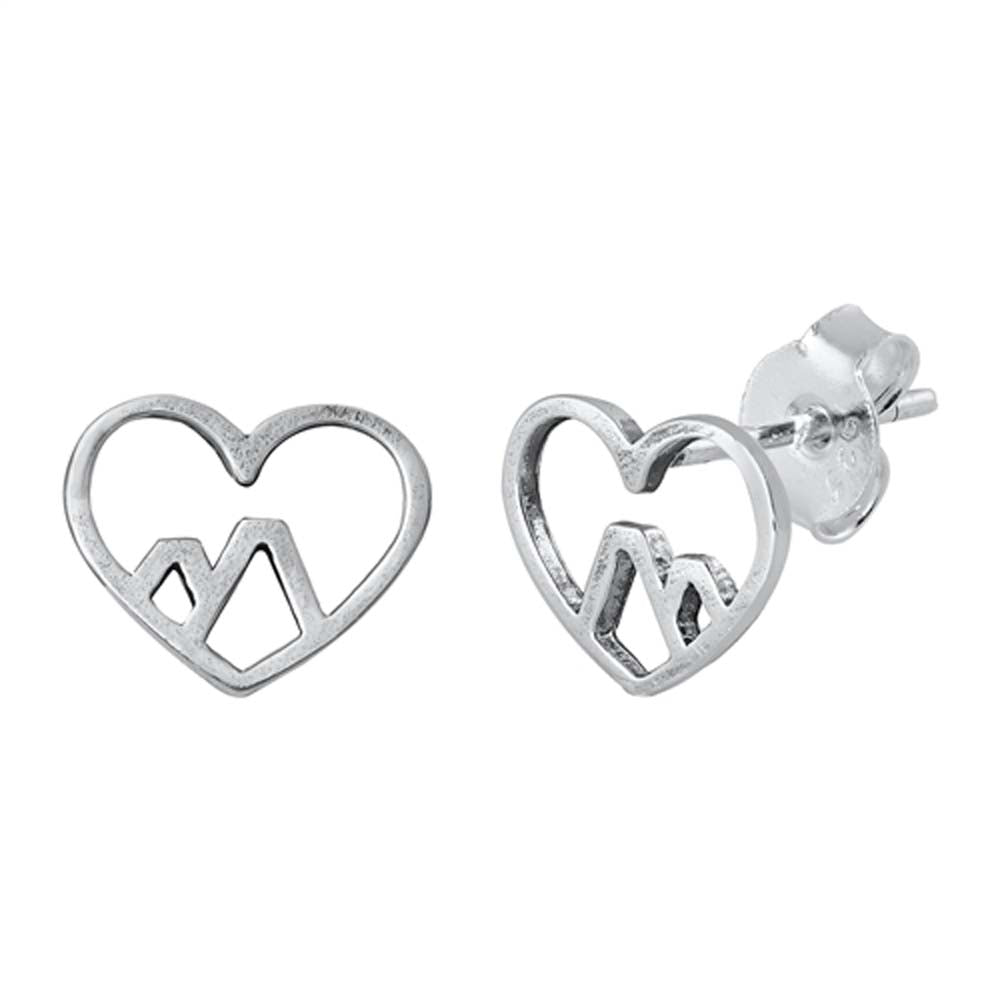 Sterling Silver Oxidized Heart & Mountain Small Stud Earrings