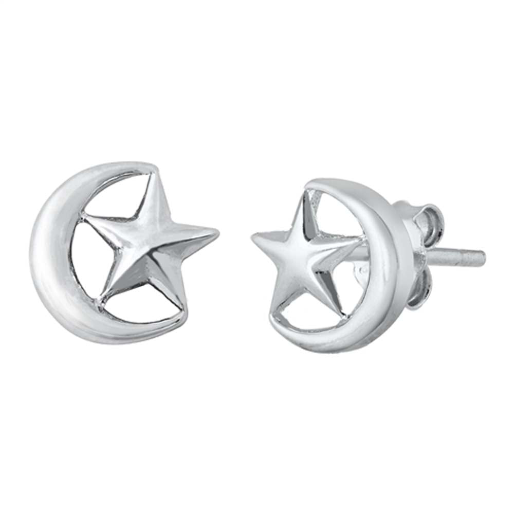 Sterling Silver Rhodium Plated Moon and Star Small Stud Earrings