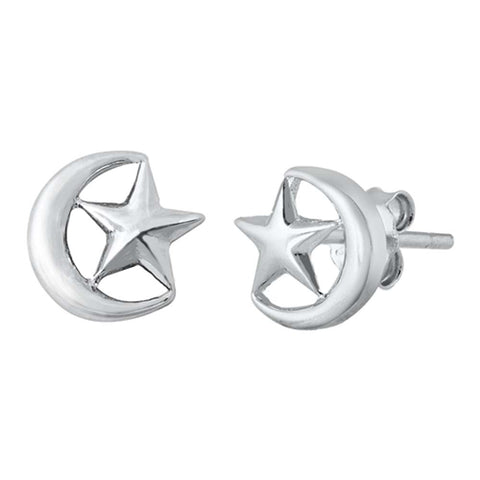 Sterling Silver Rhodium Plated Moon and Star Small Stud Earrings