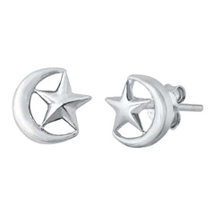 Sterling Silver Rhodium Plated Moon and Star Small Stud Earrings