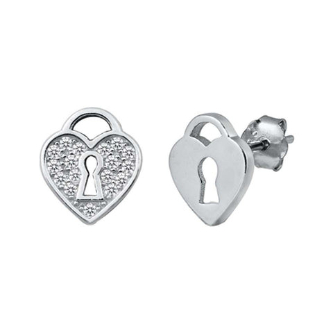 Sterling SilverCZ Heart Lock Small Stud Earrings