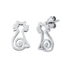 Sterling Silver Rhodium Plated Cat Small Stud Earrings