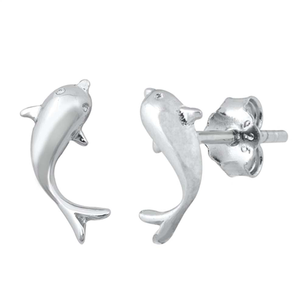 Sterling Silver Rhodium Plated Fish SmallStud Earrings