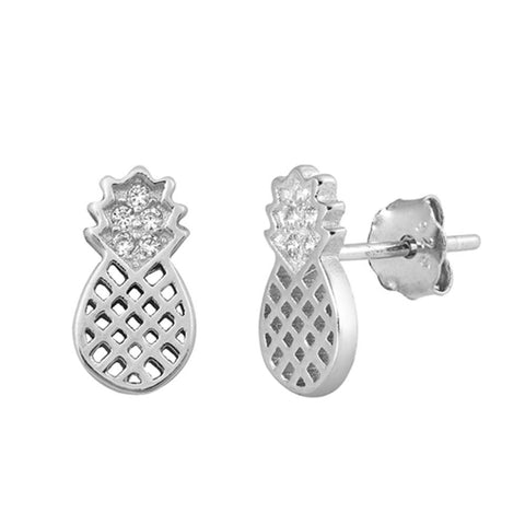 Sterling Silver Rhodium Plated CZ Pineapple Small Stud Earrings