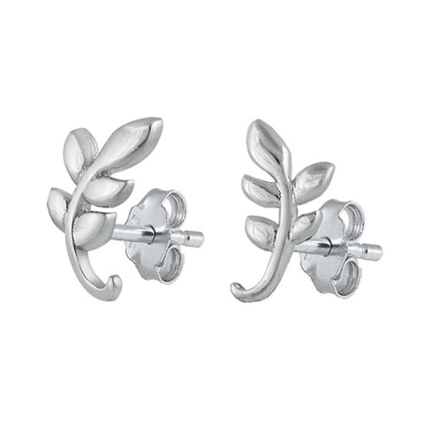 Sterling Silver Rhodium Plated CZ Branch Leaves Small Stud Earrings