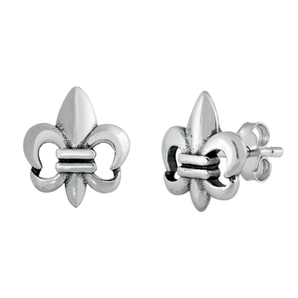 Sterling Silver Oxidized Fleur De Lis Stud Earrings