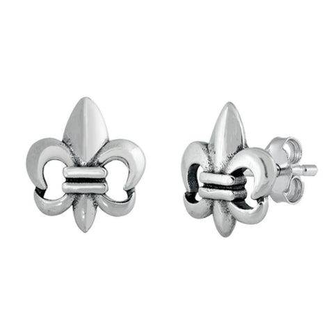 Sterling Silver Oxidized Fleur De Lis Stud Earrings