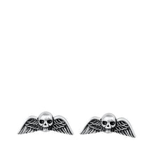Load image into Gallery viewer, Sterling Silver Oxidized Skull and Wings Stud Earrings