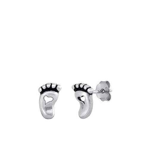 Sterling Silver Oxidized Foot Print Stud Earrings