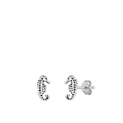 Sterling Silver Oxidized Seahorse Stud Earrings