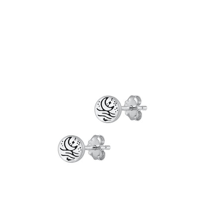 Sterling Silver Oxidized Moon And Ocean Stud Earrings