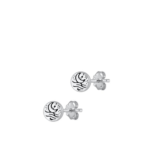 Sterling Silver Oxidized Moon And Ocean Stud Earrings